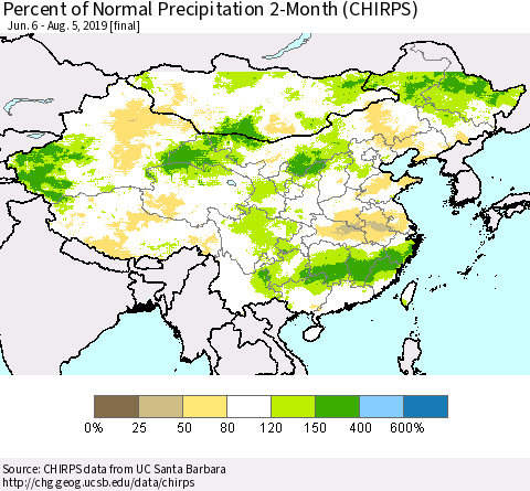 China, Mongolia and Taiwan Percent of Normal Precipitation 2-Month (CHIRPS) Thematic Map For 6/6/2019 - 8/5/2019