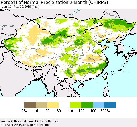 China and Taiwan Percent of Normal Precipitation 2-Month (CHIRPS) Thematic Map For 6/11/2019 - 8/10/2019