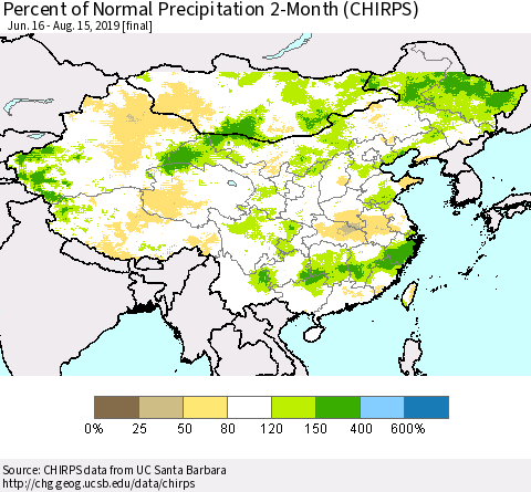 China and Taiwan Percent of Normal Precipitation 2-Month (CHIRPS) Thematic Map For 6/16/2019 - 8/15/2019