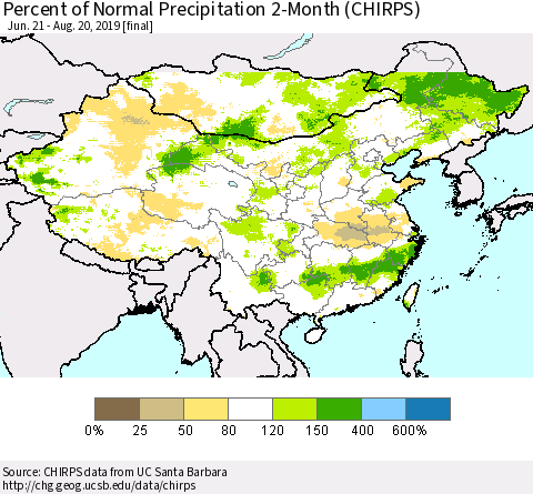 China, Mongolia and Taiwan Percent of Normal Precipitation 2-Month (CHIRPS) Thematic Map For 6/21/2019 - 8/20/2019