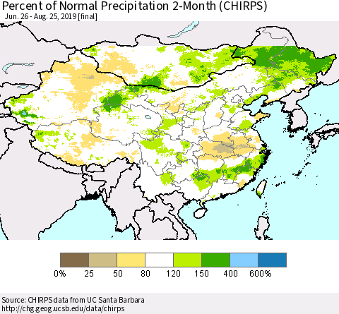 China and Taiwan Percent of Normal Precipitation 2-Month (CHIRPS) Thematic Map For 6/26/2019 - 8/25/2019
