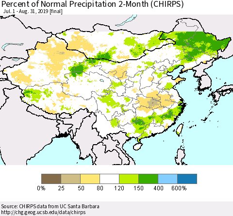 China and Taiwan Percent of Normal Precipitation 2-Month (CHIRPS) Thematic Map For 7/1/2019 - 8/31/2019