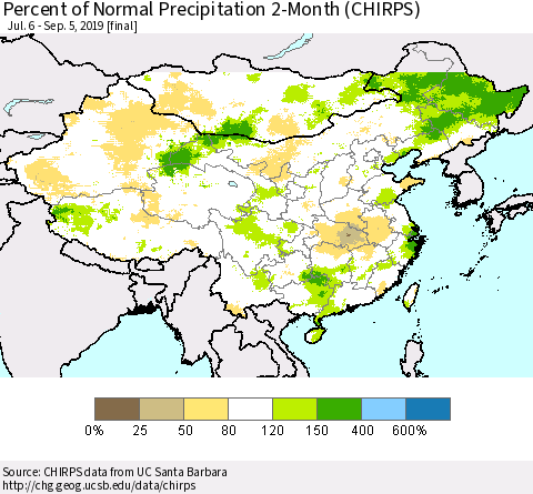 China and Taiwan Percent of Normal Precipitation 2-Month (CHIRPS) Thematic Map For 7/6/2019 - 9/5/2019