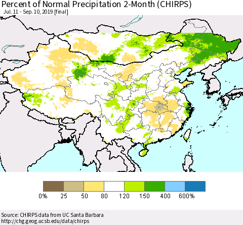 China and Taiwan Percent of Normal Precipitation 2-Month (CHIRPS) Thematic Map For 7/11/2019 - 9/10/2019