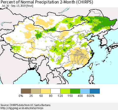 China, Mongolia and Taiwan Percent of Normal Precipitation 2-Month (CHIRPS) Thematic Map For 7/16/2019 - 9/15/2019