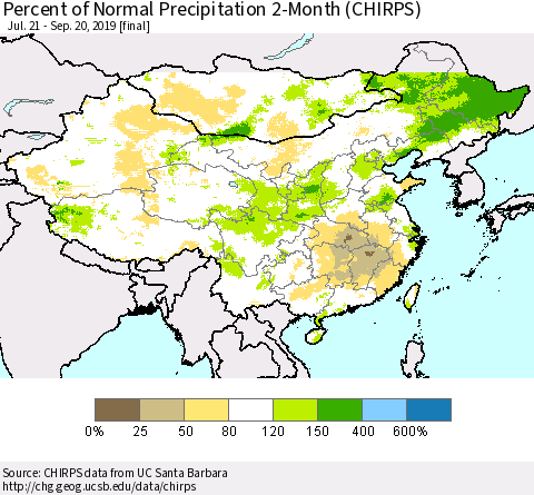 China and Taiwan Percent of Normal Precipitation 2-Month (CHIRPS) Thematic Map For 7/21/2019 - 9/20/2019