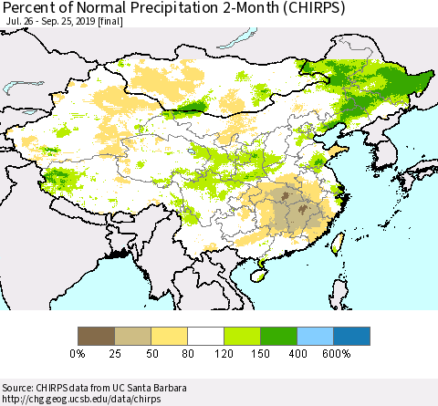 China and Taiwan Percent of Normal Precipitation 2-Month (CHIRPS) Thematic Map For 7/26/2019 - 9/25/2019