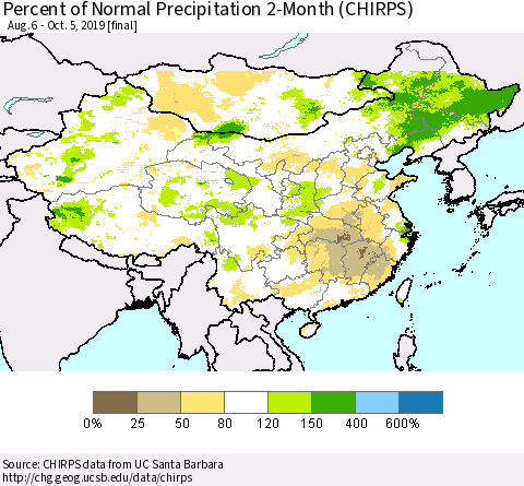 China and Taiwan Percent of Normal Precipitation 2-Month (CHIRPS) Thematic Map For 8/6/2019 - 10/5/2019