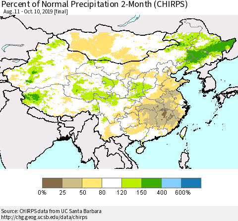 China and Taiwan Percent of Normal Precipitation 2-Month (CHIRPS) Thematic Map For 8/11/2019 - 10/10/2019