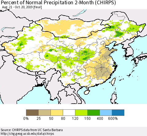China and Taiwan Percent of Normal Precipitation 2-Month (CHIRPS) Thematic Map For 8/21/2019 - 10/20/2019