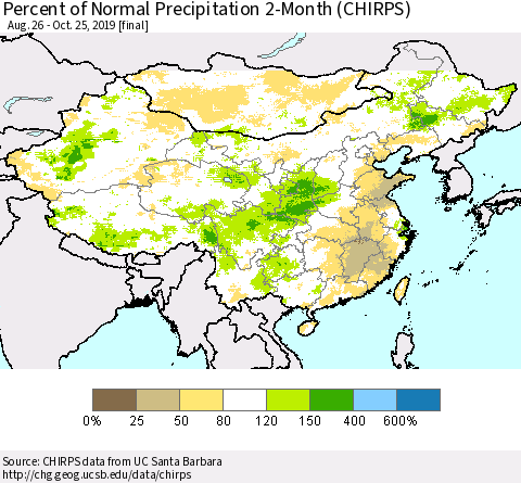 China and Taiwan Percent of Normal Precipitation 2-Month (CHIRPS) Thematic Map For 8/26/2019 - 10/25/2019