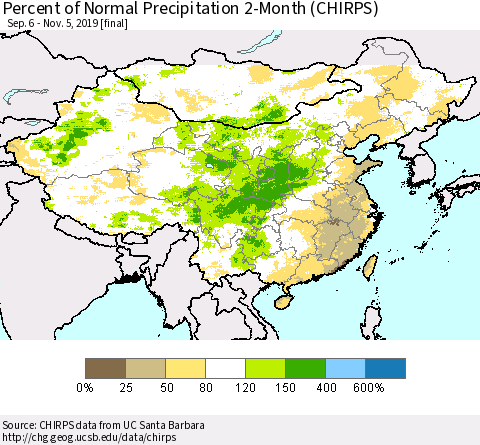 China, Mongolia and Taiwan Percent of Normal Precipitation 2-Month (CHIRPS) Thematic Map For 9/6/2019 - 11/5/2019