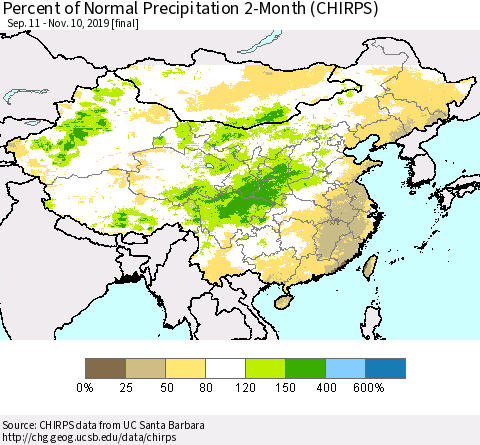 China and Taiwan Percent of Normal Precipitation 2-Month (CHIRPS) Thematic Map For 9/11/2019 - 11/10/2019