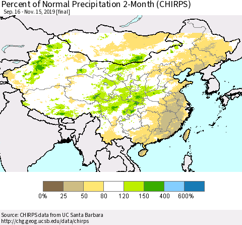 China and Taiwan Percent of Normal Precipitation 2-Month (CHIRPS) Thematic Map For 9/16/2019 - 11/15/2019