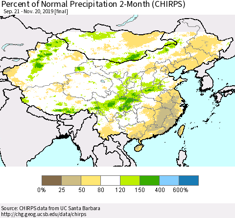 China and Taiwan Percent of Normal Precipitation 2-Month (CHIRPS) Thematic Map For 9/21/2019 - 11/20/2019