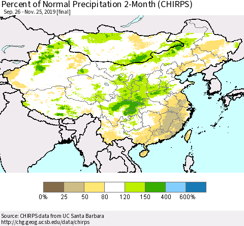 China and Taiwan Percent of Normal Precipitation 2-Month (CHIRPS) Thematic Map For 9/26/2019 - 11/25/2019