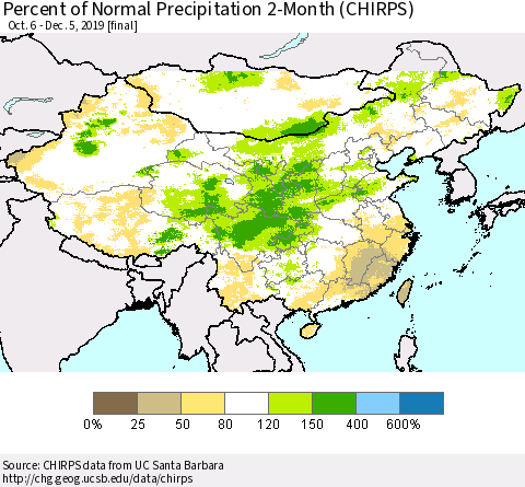 China and Taiwan Percent of Normal Precipitation 2-Month (CHIRPS) Thematic Map For 10/6/2019 - 12/5/2019
