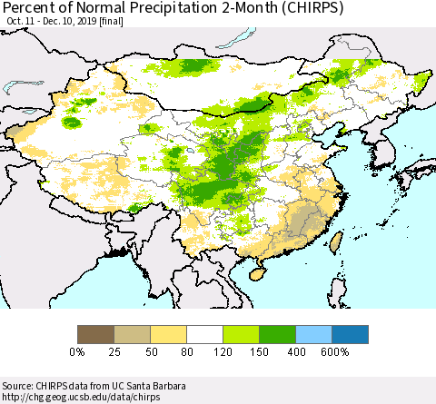 China and Taiwan Percent of Normal Precipitation 2-Month (CHIRPS) Thematic Map For 10/11/2019 - 12/10/2019