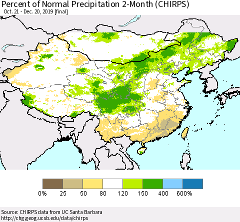 China and Taiwan Percent of Normal Precipitation 2-Month (CHIRPS) Thematic Map For 10/21/2019 - 12/20/2019