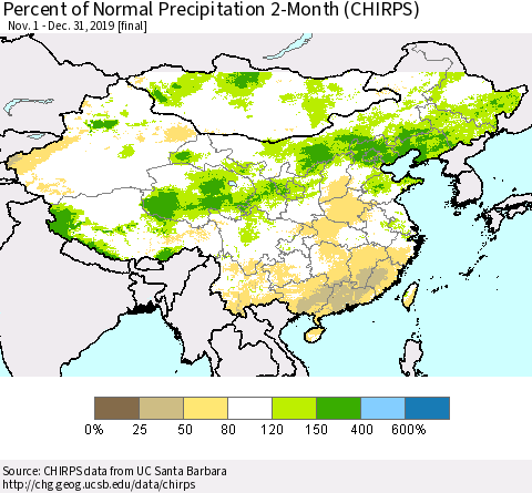 China, Mongolia and Taiwan Percent of Normal Precipitation 2-Month (CHIRPS) Thematic Map For 11/1/2019 - 12/31/2019