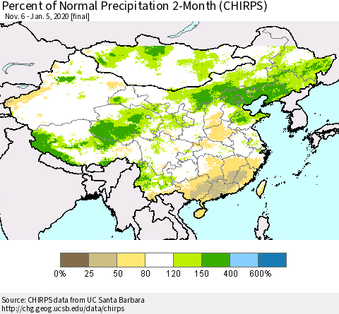 China, Mongolia and Taiwan Percent of Normal Precipitation 2-Month (CHIRPS) Thematic Map For 11/6/2019 - 1/5/2020