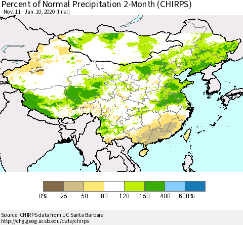 China, Mongolia and Taiwan Percent of Normal Precipitation 2-Month (CHIRPS) Thematic Map For 11/11/2019 - 1/10/2020