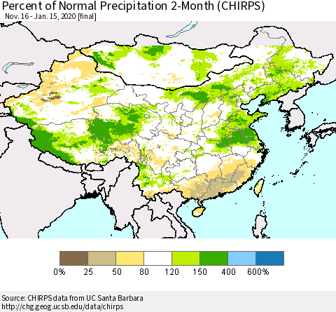 China, Mongolia and Taiwan Percent of Normal Precipitation 2-Month (CHIRPS) Thematic Map For 11/16/2019 - 1/15/2020