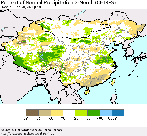 China, Mongolia and Taiwan Percent of Normal Precipitation 2-Month (CHIRPS) Thematic Map For 11/21/2019 - 1/20/2020