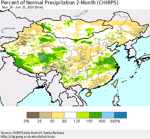 China, Mongolia and Taiwan Percent of Normal Precipitation 2-Month (CHIRPS) Thematic Map For 11/26/2019 - 1/25/2020