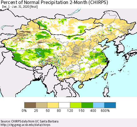 China, Mongolia and Taiwan Percent of Normal Precipitation 2-Month (CHIRPS) Thematic Map For 12/1/2019 - 1/31/2020