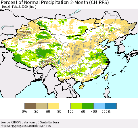 China, Mongolia and Taiwan Percent of Normal Precipitation 2-Month (CHIRPS) Thematic Map For 12/6/2019 - 2/5/2020