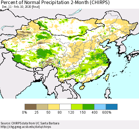China, Mongolia and Taiwan Percent of Normal Precipitation 2-Month (CHIRPS) Thematic Map For 12/11/2019 - 2/10/2020