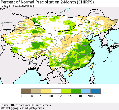 China, Mongolia and Taiwan Percent of Normal Precipitation 2-Month (CHIRPS) Thematic Map For 12/16/2019 - 2/15/2020