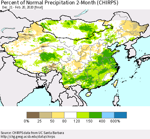 China, Mongolia and Taiwan Percent of Normal Precipitation 2-Month (CHIRPS) Thematic Map For 12/21/2019 - 2/20/2020