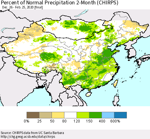China, Mongolia and Taiwan Percent of Normal Precipitation 2-Month (CHIRPS) Thematic Map For 12/26/2019 - 2/25/2020
