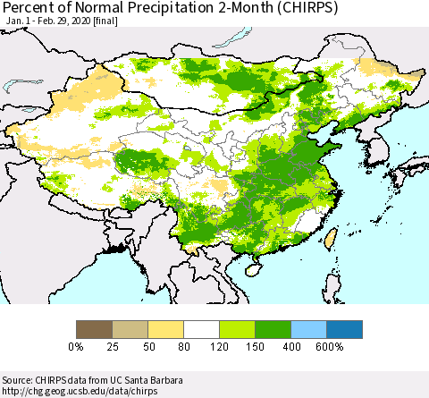 China, Mongolia and Taiwan Percent of Normal Precipitation 2-Month (CHIRPS) Thematic Map For 1/1/2020 - 2/29/2020