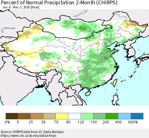 China, Mongolia and Taiwan Percent of Normal Precipitation 2-Month (CHIRPS) Thematic Map For 1/6/2020 - 3/5/2020