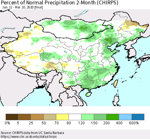 China, Mongolia and Taiwan Percent of Normal Precipitation 2-Month (CHIRPS) Thematic Map For 1/11/2020 - 3/10/2020