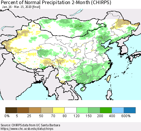 China, Mongolia and Taiwan Percent of Normal Precipitation 2-Month (CHIRPS) Thematic Map For 1/16/2020 - 3/15/2020