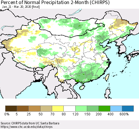 China, Mongolia and Taiwan Percent of Normal Precipitation 2-Month (CHIRPS) Thematic Map For 1/21/2020 - 3/20/2020