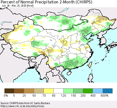 China, Mongolia and Taiwan Percent of Normal Precipitation 2-Month (CHIRPS) Thematic Map For 1/26/2020 - 3/25/2020