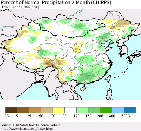 China, Mongolia and Taiwan Percent of Normal Precipitation 2-Month (CHIRPS) Thematic Map For 2/1/2020 - 3/31/2020