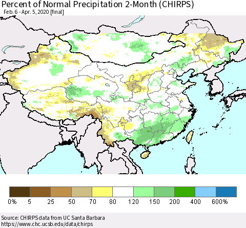 China, Mongolia and Taiwan Percent of Normal Precipitation 2-Month (CHIRPS) Thematic Map For 2/6/2020 - 4/5/2020