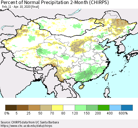 China, Mongolia and Taiwan Percent of Normal Precipitation 2-Month (CHIRPS) Thematic Map For 2/11/2020 - 4/10/2020