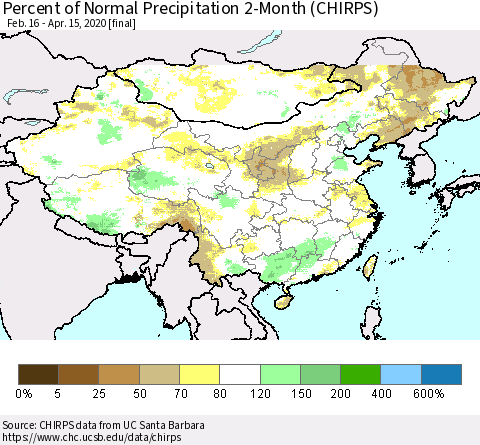 China, Mongolia and Taiwan Percent of Normal Precipitation 2-Month (CHIRPS) Thematic Map For 2/16/2020 - 4/15/2020