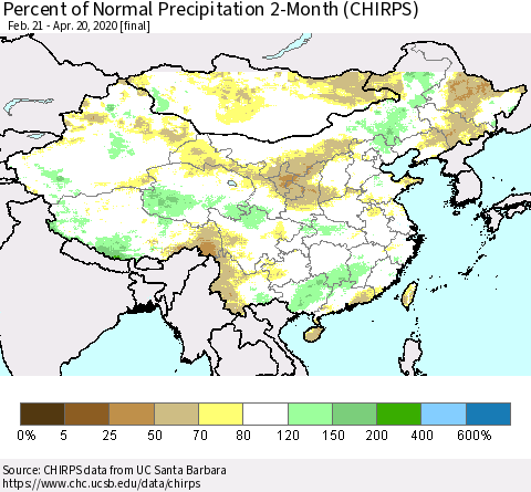 China, Mongolia and Taiwan Percent of Normal Precipitation 2-Month (CHIRPS) Thematic Map For 2/21/2020 - 4/20/2020