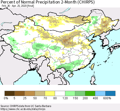 China, Mongolia and Taiwan Percent of Normal Precipitation 2-Month (CHIRPS) Thematic Map For 2/26/2020 - 4/25/2020