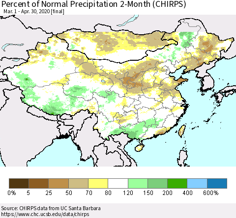 China, Mongolia and Taiwan Percent of Normal Precipitation 2-Month (CHIRPS) Thematic Map For 3/1/2020 - 4/30/2020