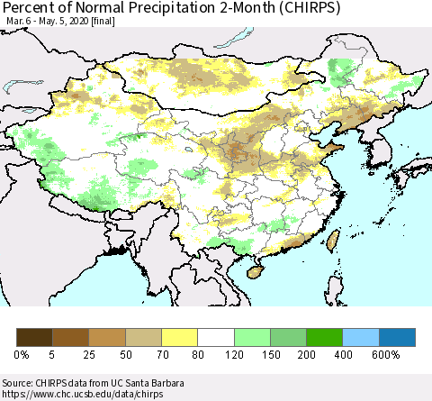 China, Mongolia and Taiwan Percent of Normal Precipitation 2-Month (CHIRPS) Thematic Map For 3/6/2020 - 5/5/2020