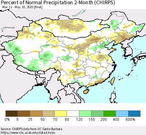 China, Mongolia and Taiwan Percent of Normal Precipitation 2-Month (CHIRPS) Thematic Map For 3/11/2020 - 5/10/2020